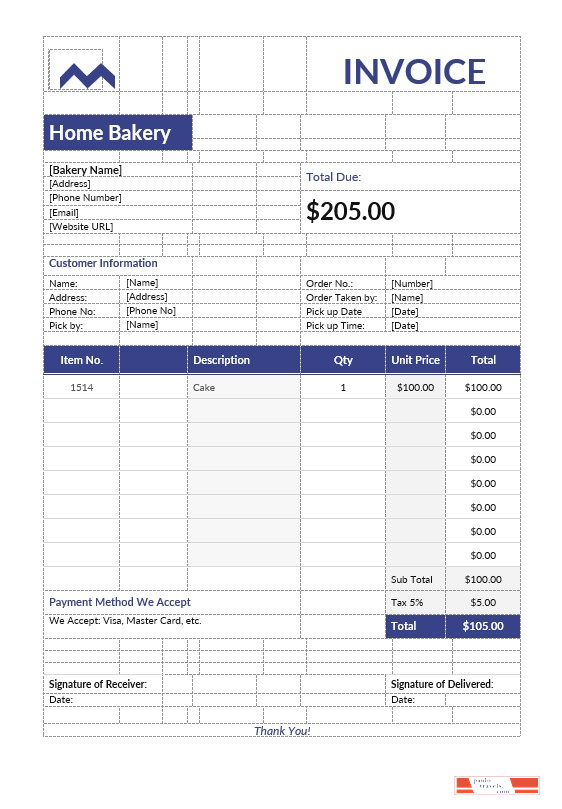 Home Bakery Invoice Template PSD template
